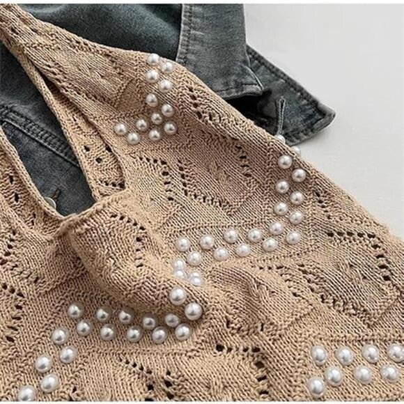 Boho Crochet Beach Tote with White Bead Inlay - Picture 2 of 5